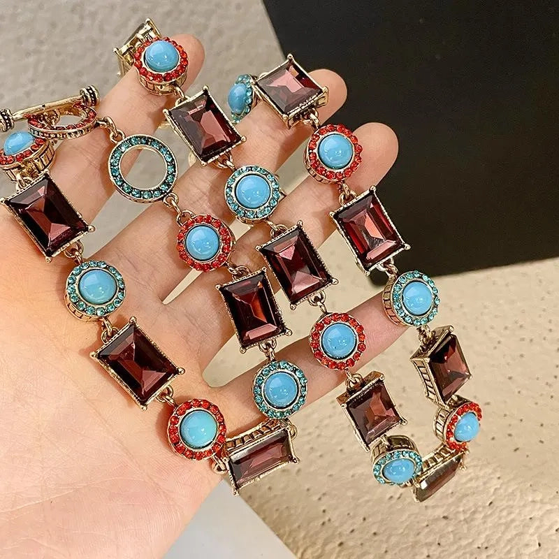 Collana e bracciale vintage turchese fatti a mano, set retr¨° esagerato da donna, orecchini combinati, gioielli in stile nazionale