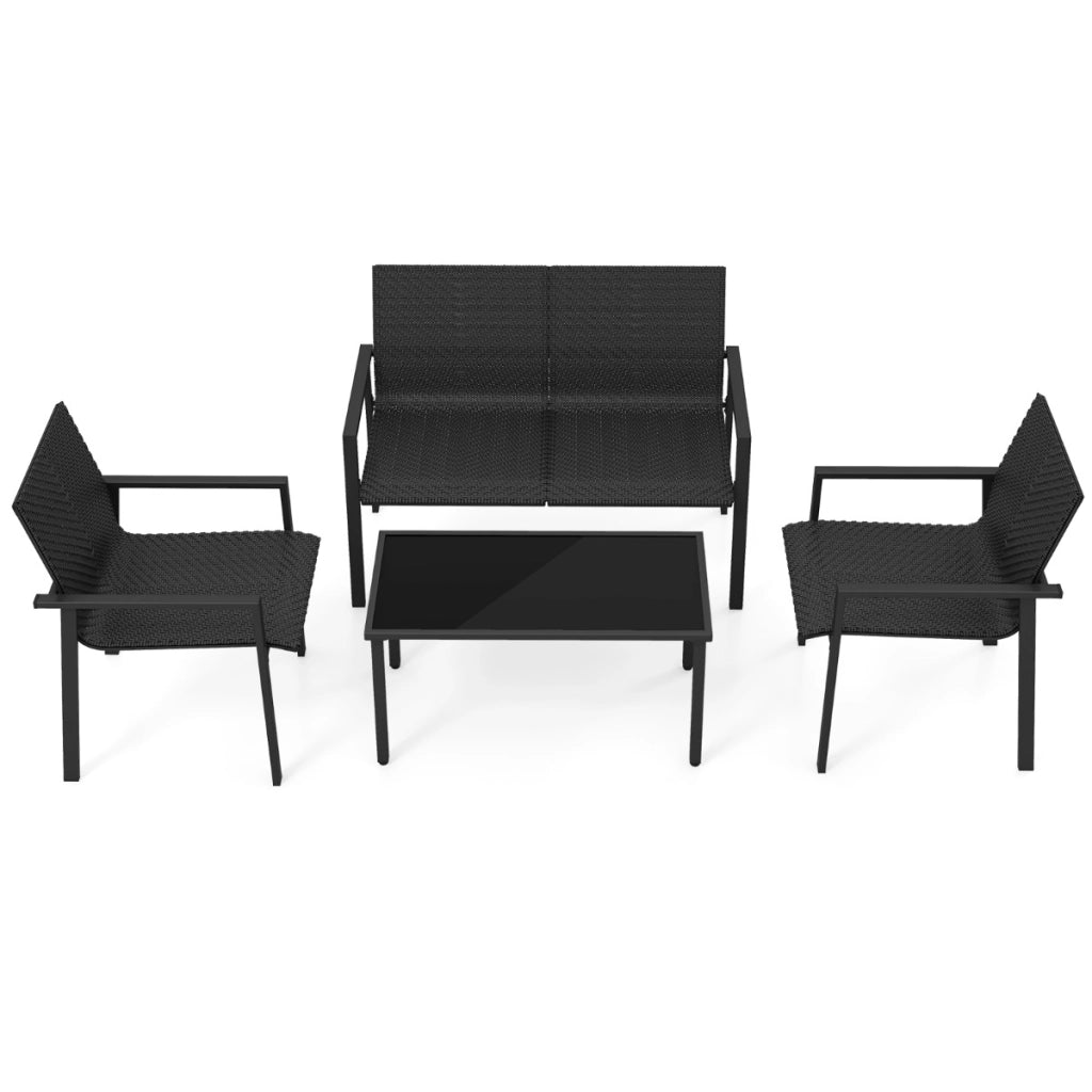 Set di mobili da giardino 4 pezzi, Set di tavolo e sedie in intrecciato di vimini su telaio metallico galvanizzato Nero-Set mobili da esterno