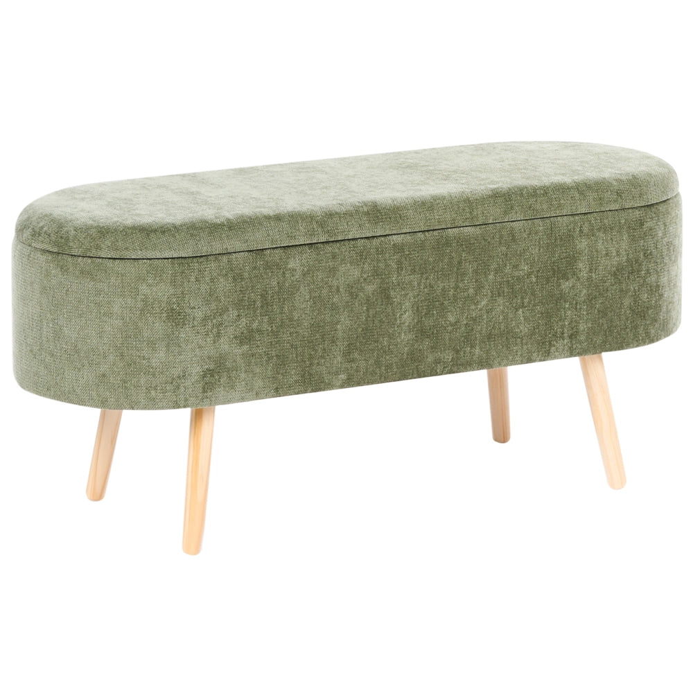 Panca in tessuto cinigliato verde con gambe in legno di pino e contenitore per camera da letto, soggiorno e accessori