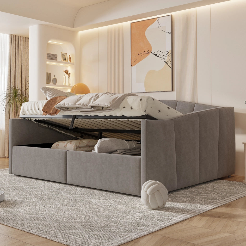 Letto sofà con sistema idraulico imbottito in velluto grigio 140x200 cm
