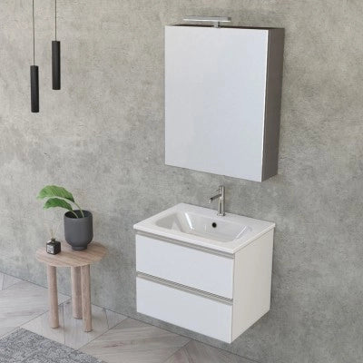 Mobile bagno sospeso 60 cm bianco opaco con lavabo e specchio contenitore Master