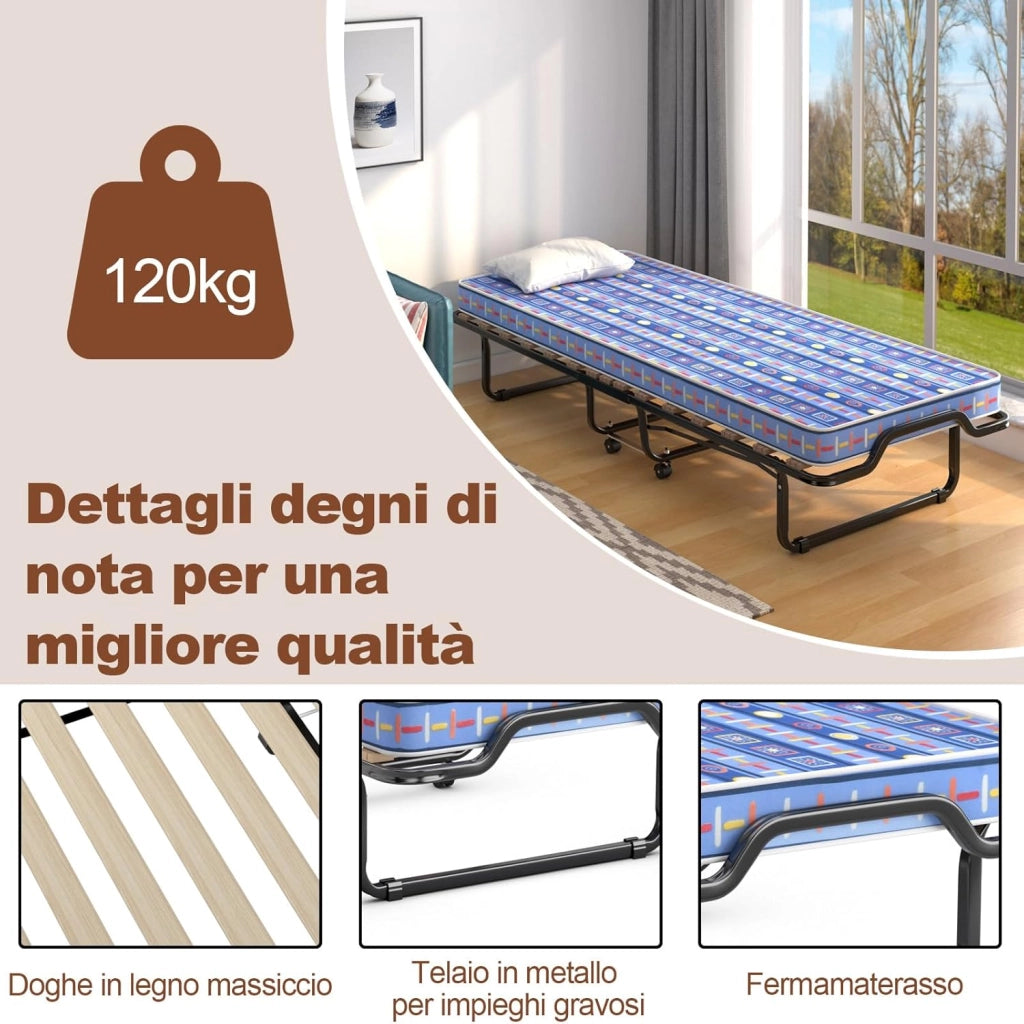 Letto Brandina Pieghevole, con Materasso in Memory Foam, Struttura Resistente e 4 Ruote Girevoli, Lettino Pieghevole, 200 x 80 x 40cm, Made in Italy (Blu)