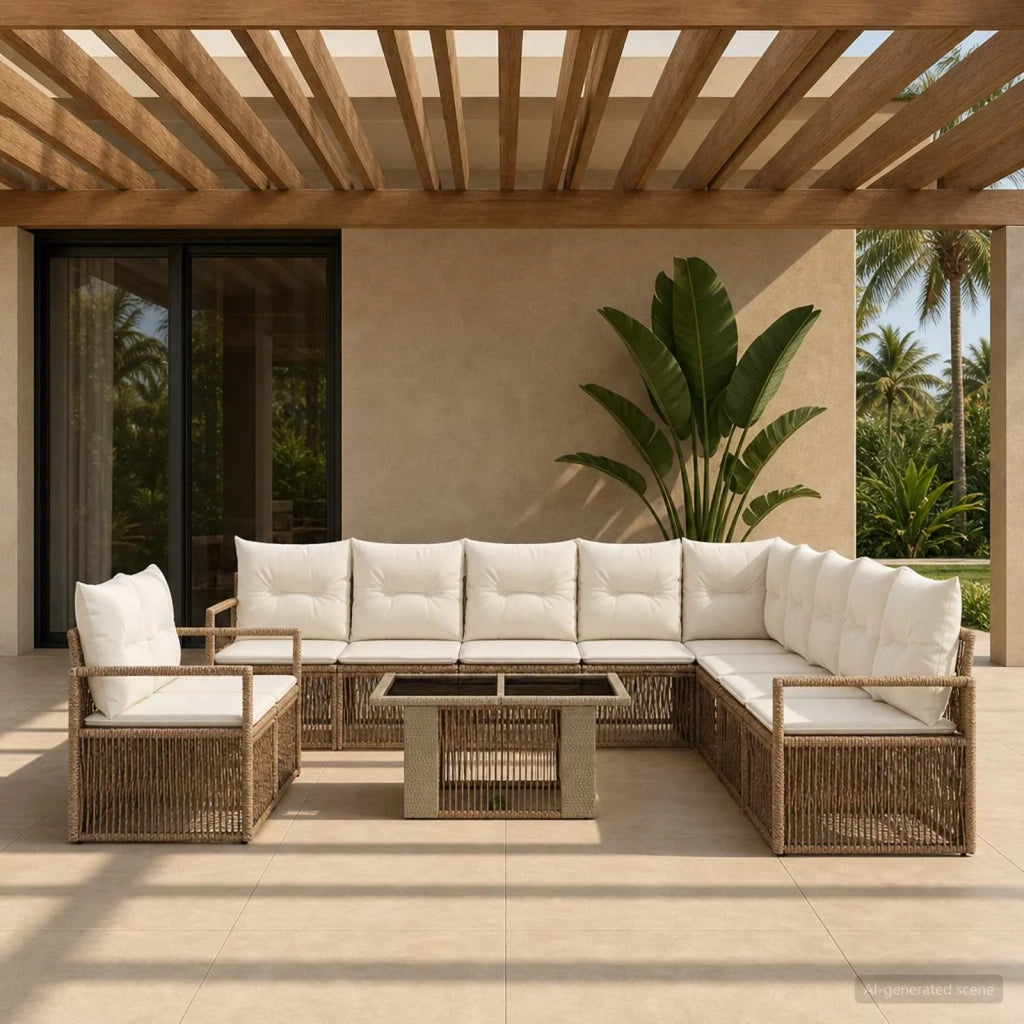 Set Divano da Giardino 12 pz Beige e Bianco Crema polyrattan 3437124