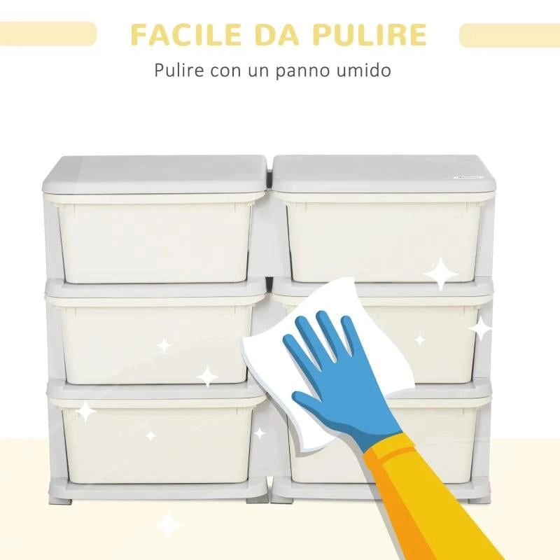 CASSETTIERA 6 CASSETTI PER BAMBINI 3-6 ANNI CON BORDI ARROTONDATI, IN PP BIANCO CREMA, 75X37X56.5 CM
