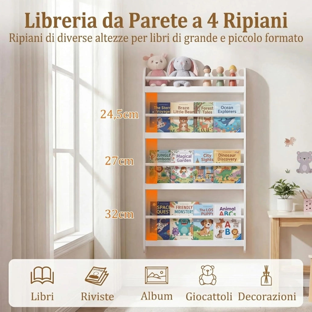 Libreria da Parete per Bambini, Scaffale Portaoggetti a 4 Livelli con Barre di Protezione e Bordi Rialzati, Libreria Salvaspazio per Cameretta per Bambini 3+ Anni, 56 x 12 x 107 cm (Bianco)