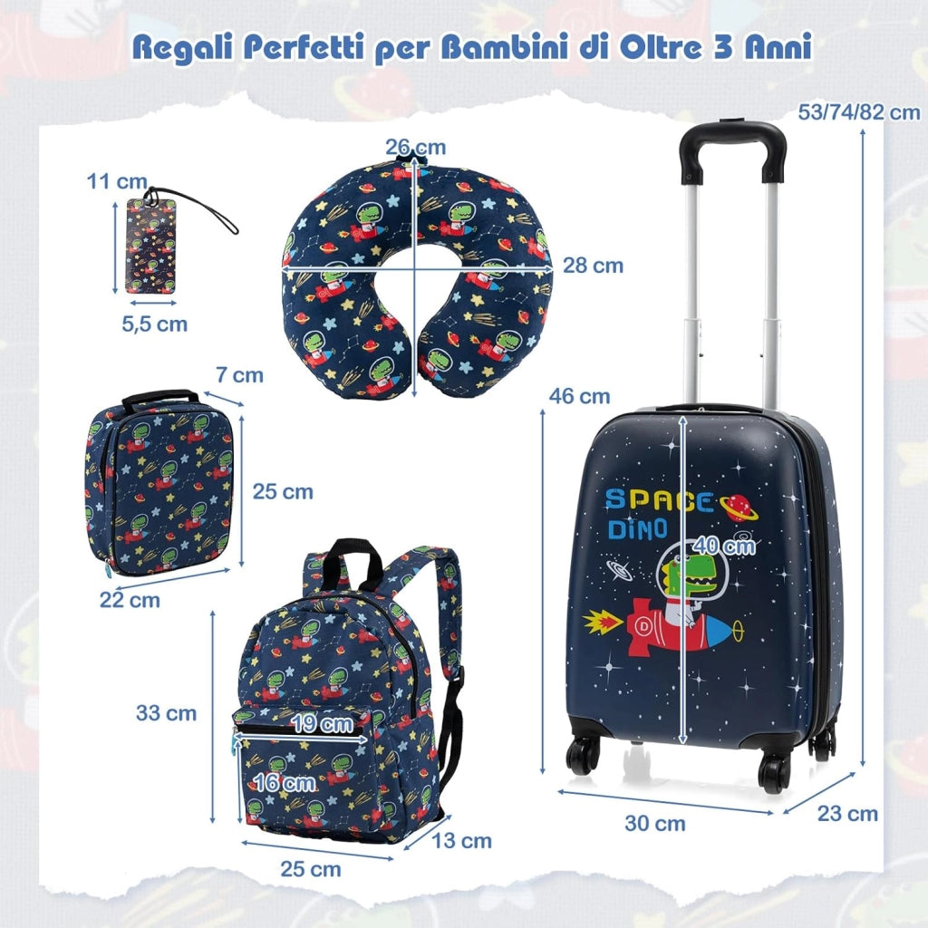 5 Pezzi Valigia per Bambini, Valigia con ManicoTelescopico da 16" con 13" Zainetto, Cuscino per Il Collo, Etichetta per Bagaglio, Borsa per Il Pranzo, con Ruote Girevoli a 360 ° (Modello 2)