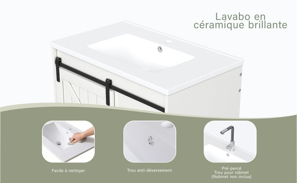 Mobile sottolavabo con lavabo in ceramica e ampio spazio contenitore, per bagno, bianco, 76 × 46,5 × 87,5 cm