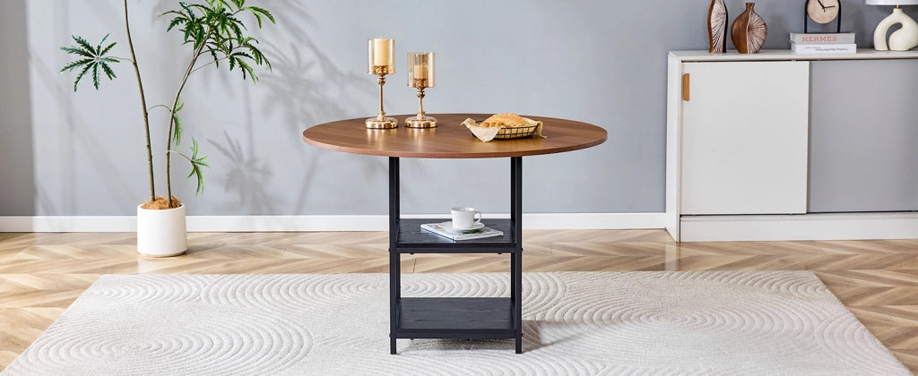 Tavolo da pranzo - doppio ripiano - effetto noce - MDF+metallo - Ø107 cm - per 2-4 persone - stile europeo