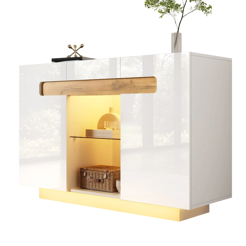 Credenza moderna con LED, fronti lucide, 120 ¡Á 40 ¡Á 80 cm, bianco e effetto legno naturale