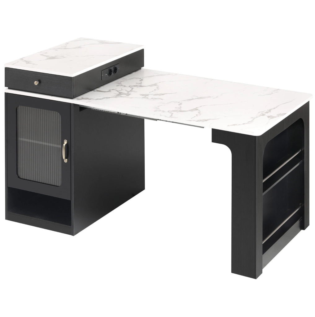 Tavolo allungabile 80x71~111~151x92 cm con prese integrate; MDF e vetro bianco e nero