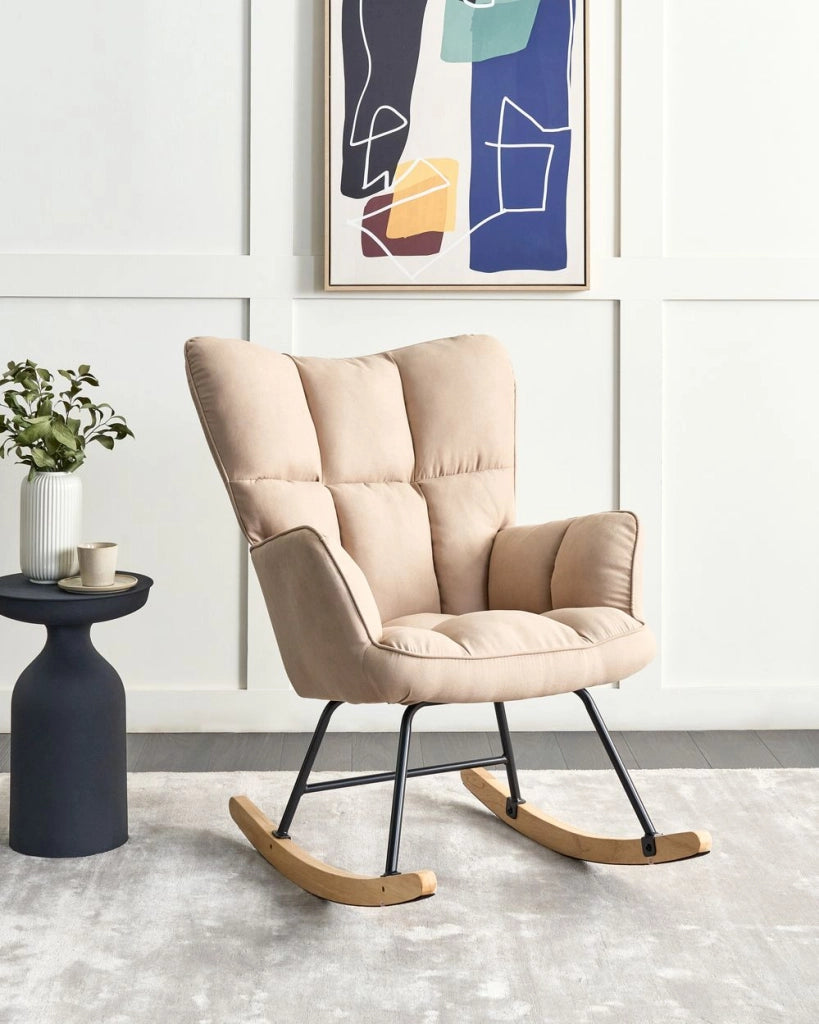 Sedia a dondolo Beige Tessuto poliestere Rivestimento Gambe di legno Pattini Moderna Biscuit Tufting