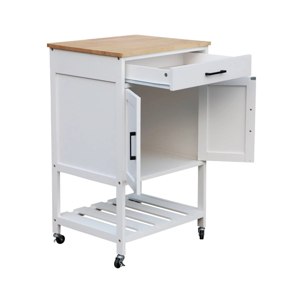Carrello da cucina in legno di gomma con 2 ripiani, 56cm , bianco