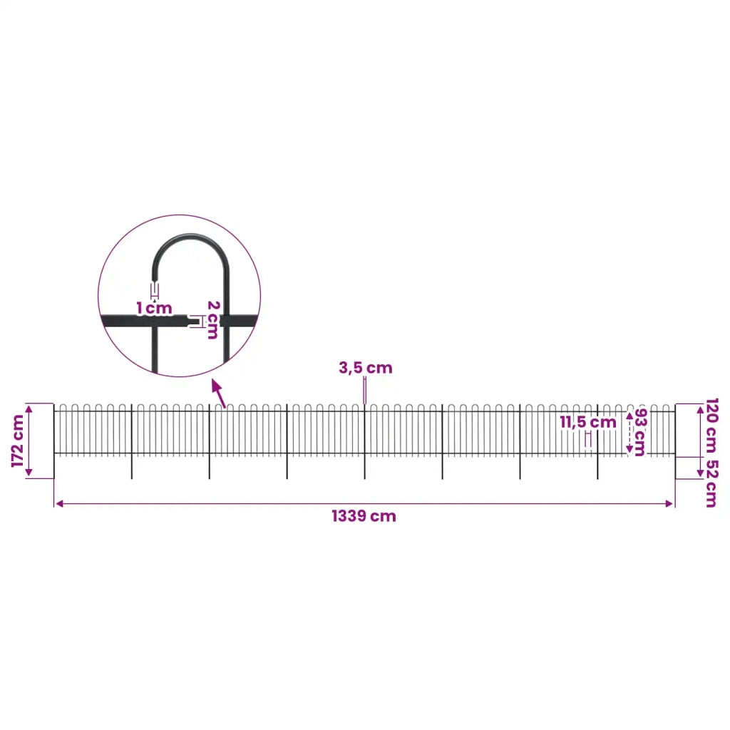 Recinzione da Giardino con Parte Superiore ad Anello in Acciaio 1339x120 cm Nera 277672
