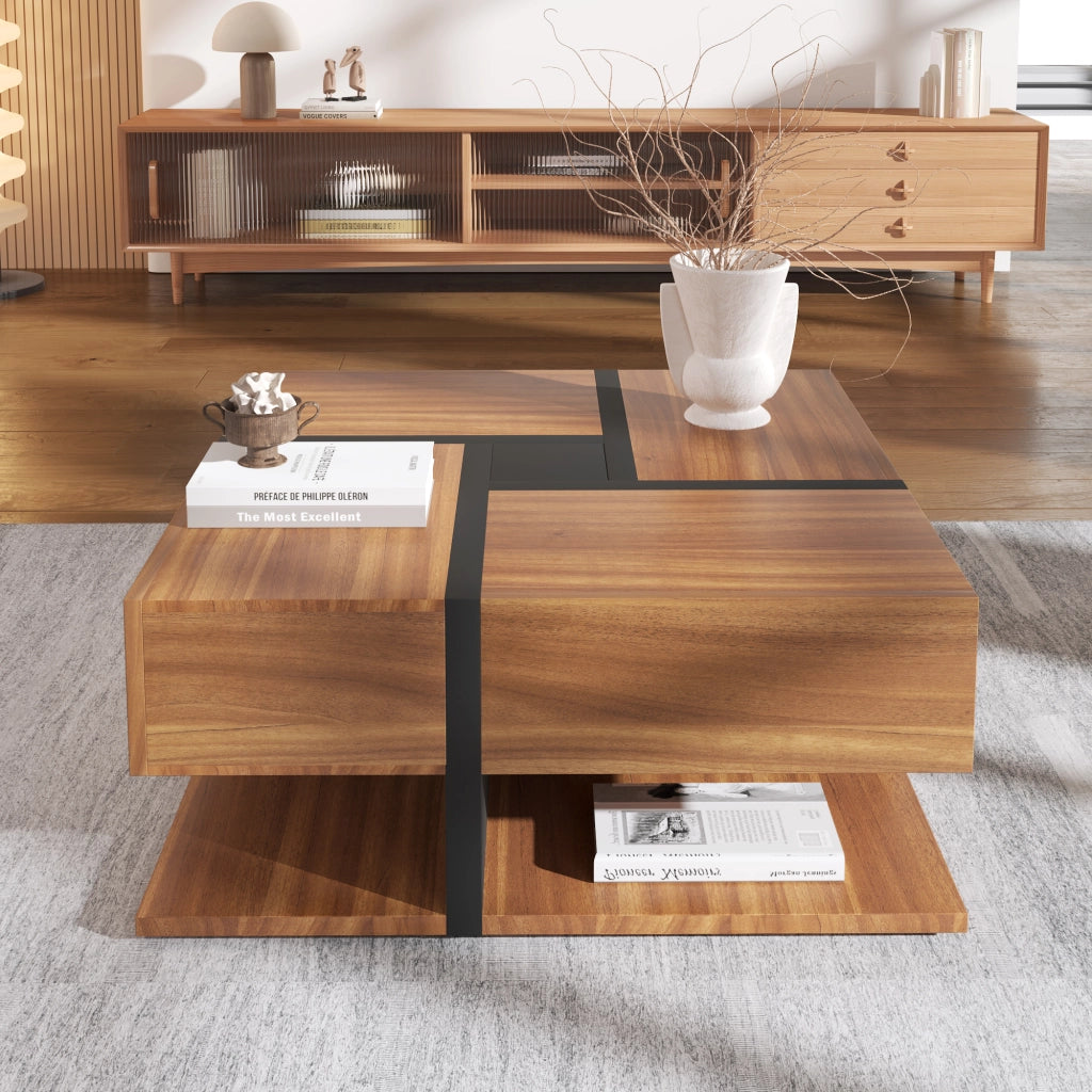 Tavolino da Caffè Quadrato con 4 Cassetti e Ripiano Inferiore; Motivo a Linee; Stile Moderno; in Pannelli di Particelle; Naturale; 78×78×36 cm