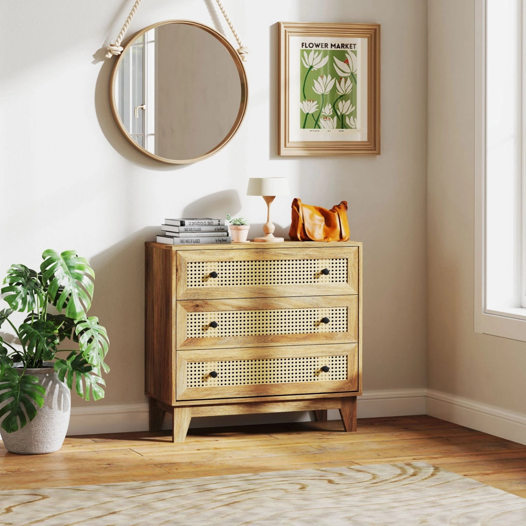 Cassettiera 3 Cassetti in Rattano Effetto Legno Chiaro ¨C Zephmum ¨C 80x35x76 cm