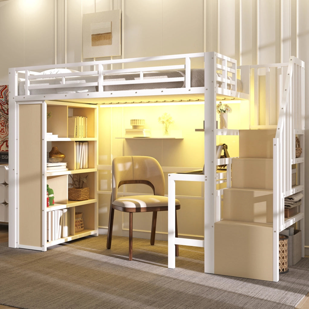 Letto a soppalco 90x200 cm con scrivania; LED e gradini contenitore in metallo e MDF; bianco