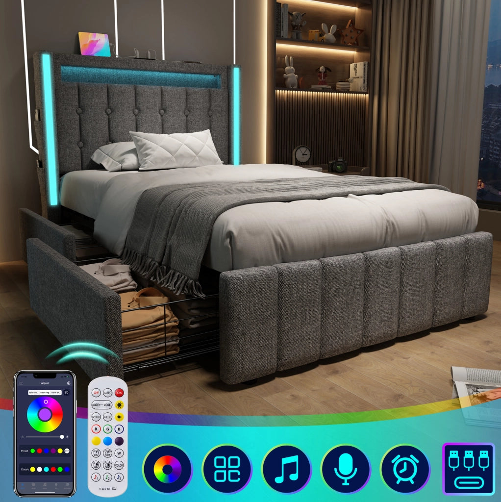 Letto singolo imbottito ULEVR 90x200 cm con materasso, LED, USB/Type-C e 2 cassetti, grigio