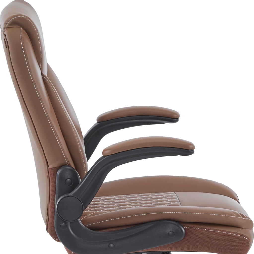Sedia da ufficio ergonomica in pelle marrone con supporto lombare e braccioli ribaltabili