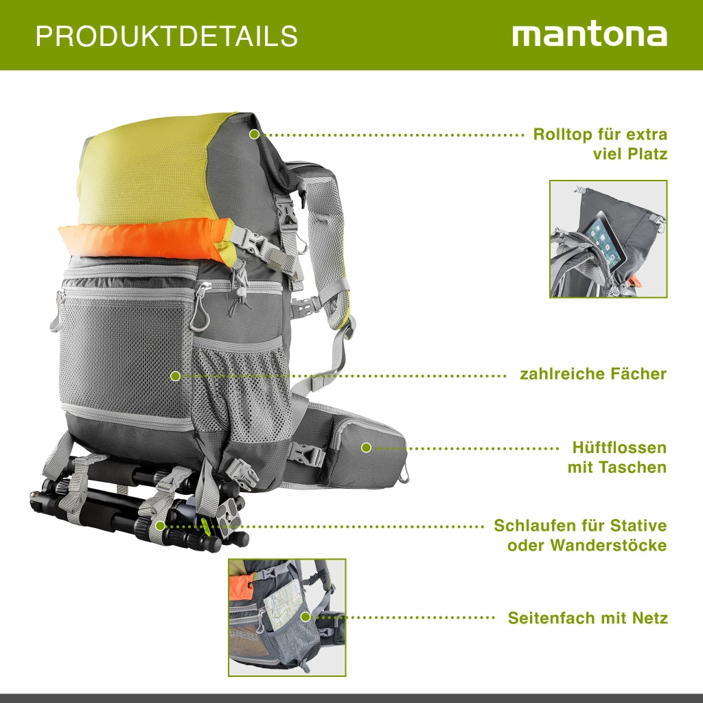 Zaino per fotocamera Mantona elementsPro 30 V2 - zaino per esterni con sistema di trasporto ergonomico, imbottitura traspirante, supporto per treppiede e copertura antipioggia, ideale per fotocamere DSLR e di sistema, verde