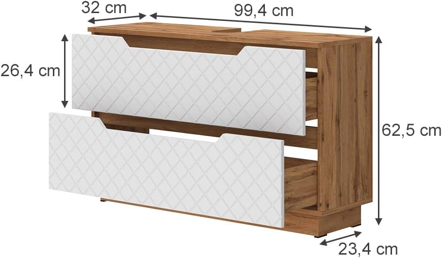 Mobile sottolavabo per bagno Lotta, Rovere/bianco con struttura in piastrelle, 99.4 x 62.5 cm con 2 cassetti