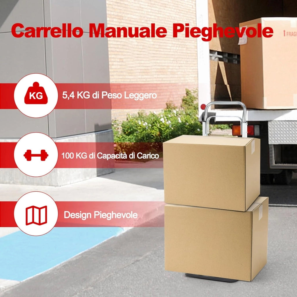 Carrello a Mano in Alluminio Pieghevole e Portatile, Carrello Portapacchi con Manico Telescopico Pieghevole e 2 Ruote in Gomma, Capacità di Carico 100 kg, per Casa, Giardino e Magazzino