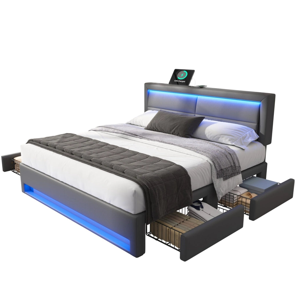 Letto imbottito matrimoniale 140x190 cm con USB; LED e 4 cassetti; grigio; in PU