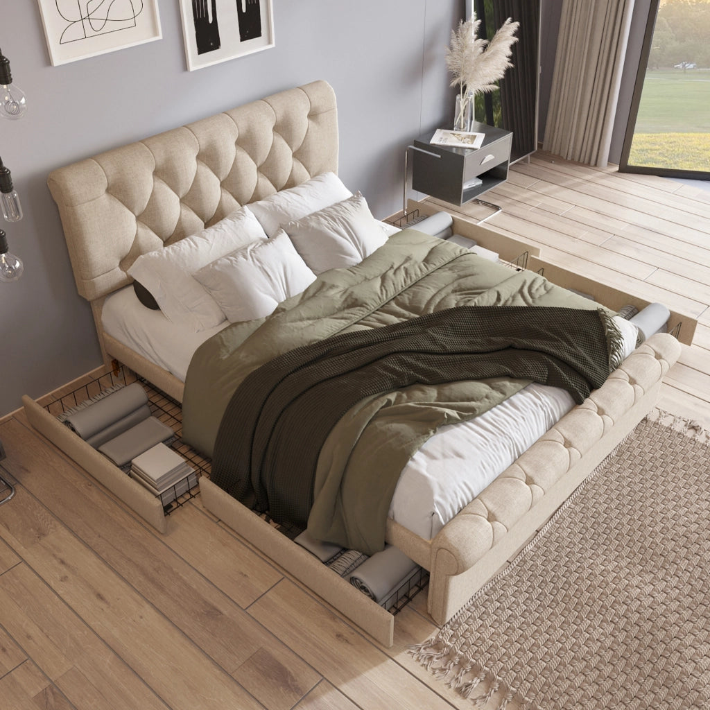 Letto matrimoniale 140x200 con 4 cassetti, testiera regolabile e materasso H3