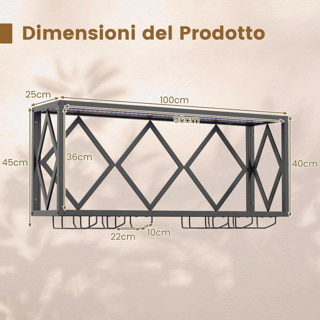 Portabottiglie da Parete, Scaffale per Esposizione di Vino con Striscia LED a 16 Colori, 6 File di Portabicchieri, Scaffale per Conservare 39 Bottiglie e 12 Bicchieri, 51 x 26,5 x 60 cm