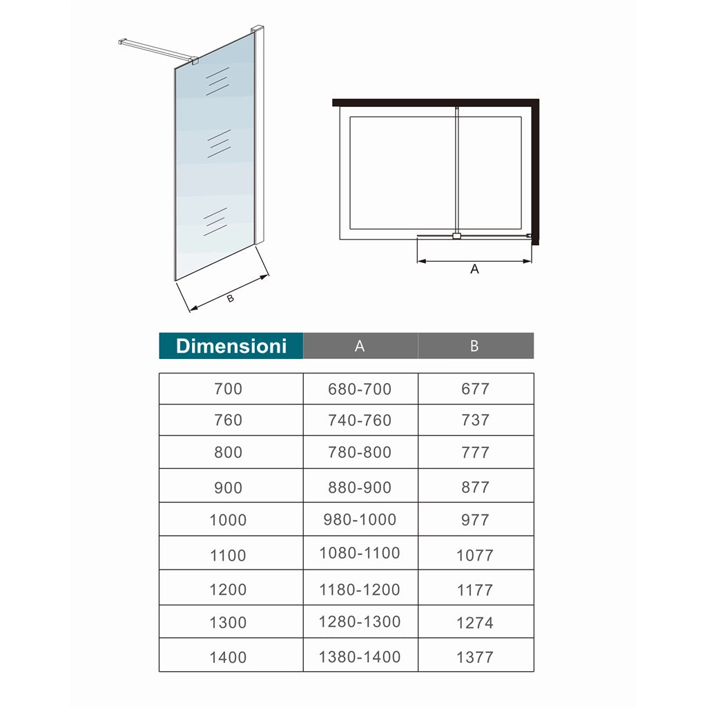 Box Doccia Walk In 80x190 cm Vetro 8 mm Anticalcare Trasparente Barra Stabilizzatrice da 90 cm Mensola Doccia 80 cm
