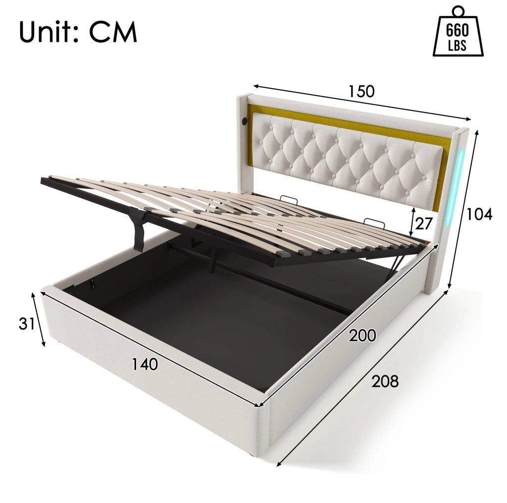 Letto matrimoniale contenitore 140x200 cm con LED e ricarica USB Type-C; beige chiaro; con materasso