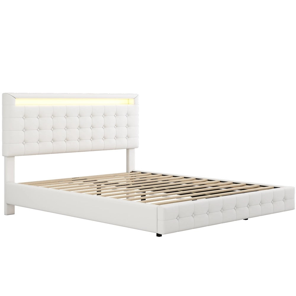 Letto Imbottito con LED e Testiera Regolabile ¨C Xylo ¨C 140x200 cm, PU, Bianco