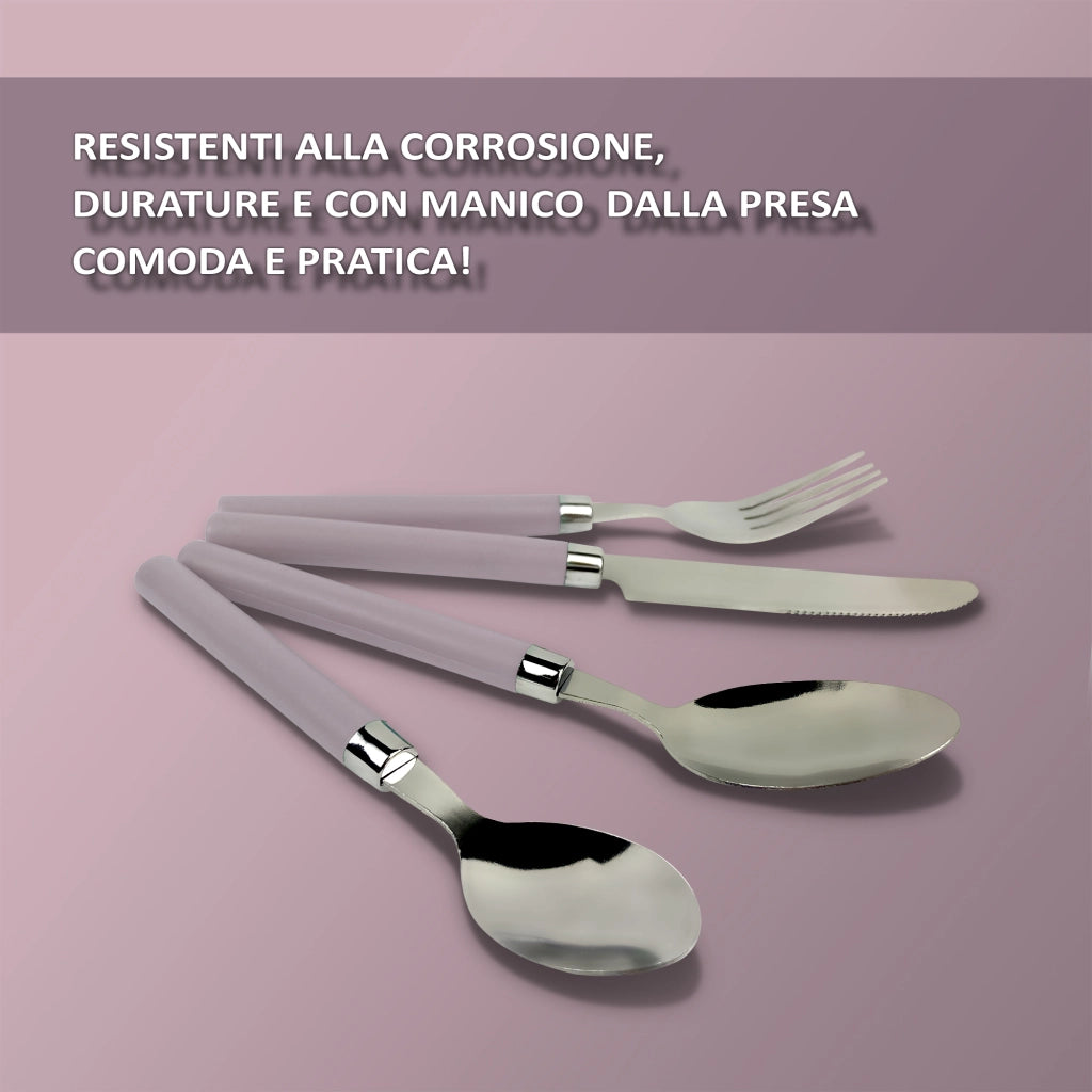 Servizio 24 Pezzi Posate Tavola Acciaio Inox Manici Colorati Tinta Unita Colori Moderni 6x Forchetta Coltello Cucchiaio Cucchiaino Lavabili Lavastoviglie Certificate Contatto Alimenti - Glicine