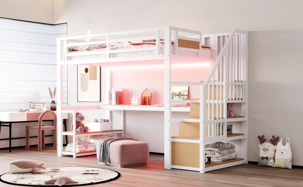 DESMIU Letto a soppalco 90 × 200 cm 1 posto con scrivania, mensole e scala contenitore, senza materasso, bianco