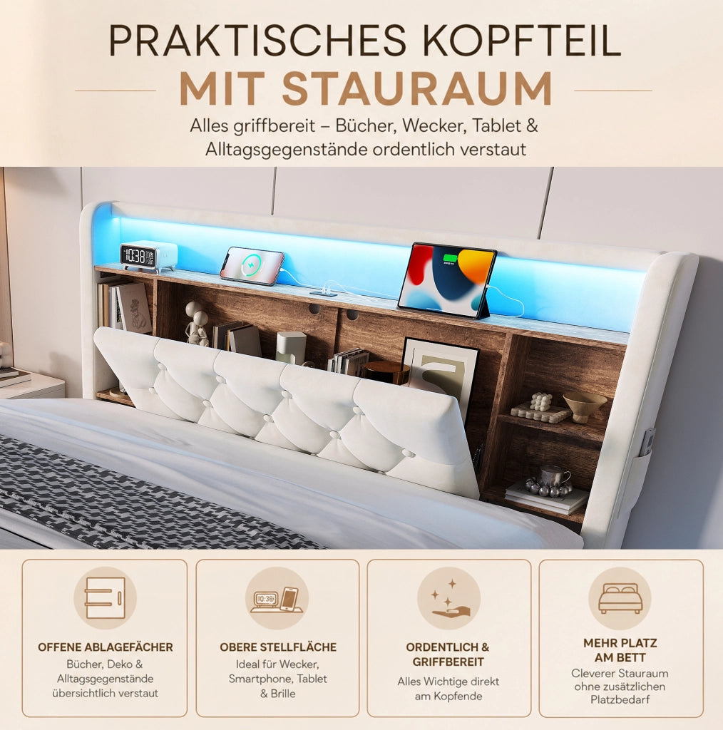 Letto imbottito 140x200 cm con contenitore, LED e porte USB, beige
