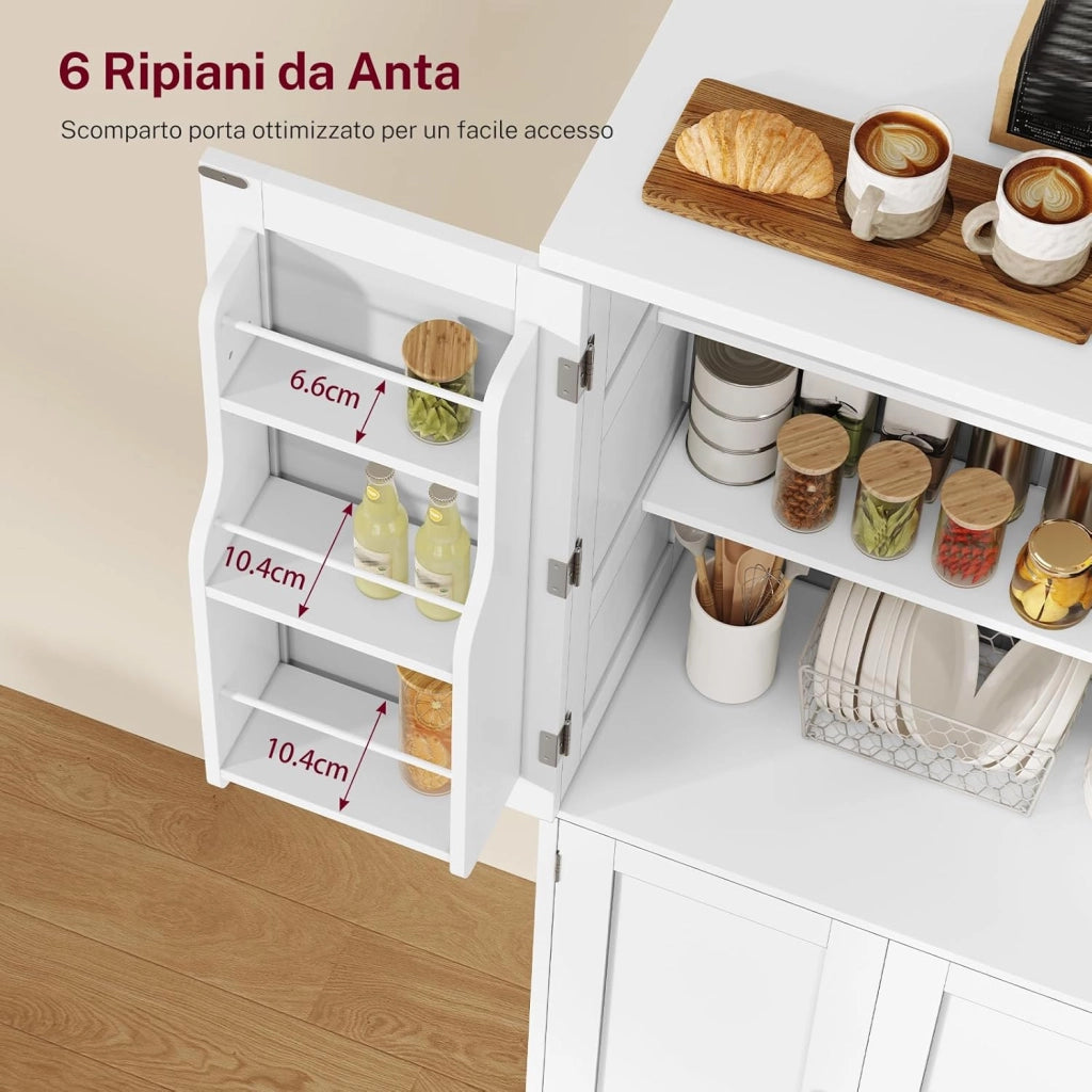 Mobile Dispensa Cucina larghezza 60 cm, Armadio 4 Ante altezza 130 cm con Ripiani Regolabili e Portaspezie Integrata, Credenza Alta per Cucina, Soggiorno, Bianco