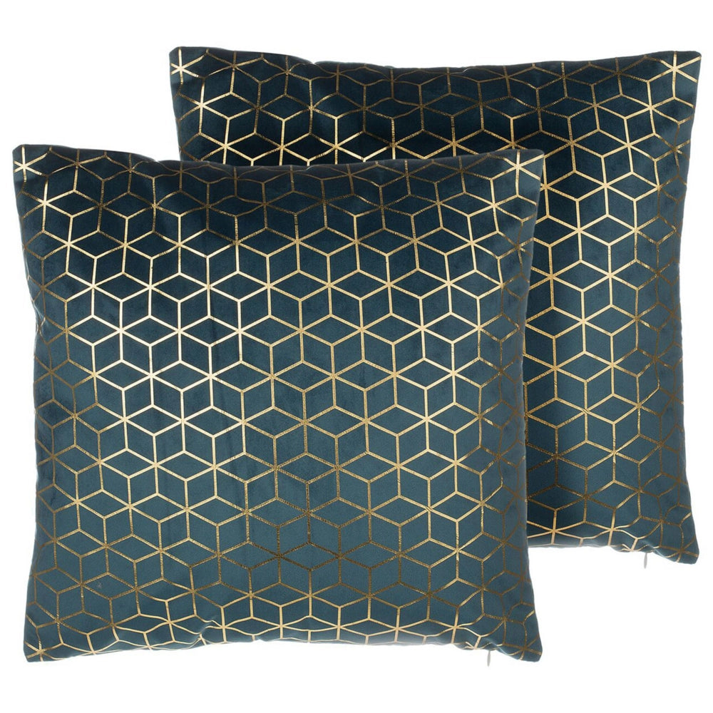 Set di 2 cuscini decorativi Motivo a cubo in velluto blu 45 x 45 cm Stampa geometrica in lamina Moderno Glamour Decor Accessori