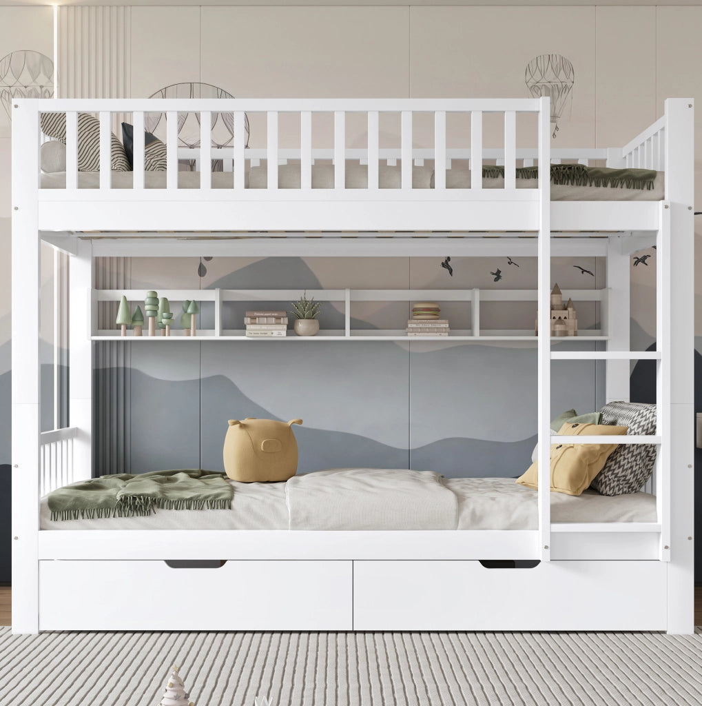 Letto a castello per bambini 90x200 cm bianco in legno di pino e MDF; con scala reversibile e spazio contenitivo