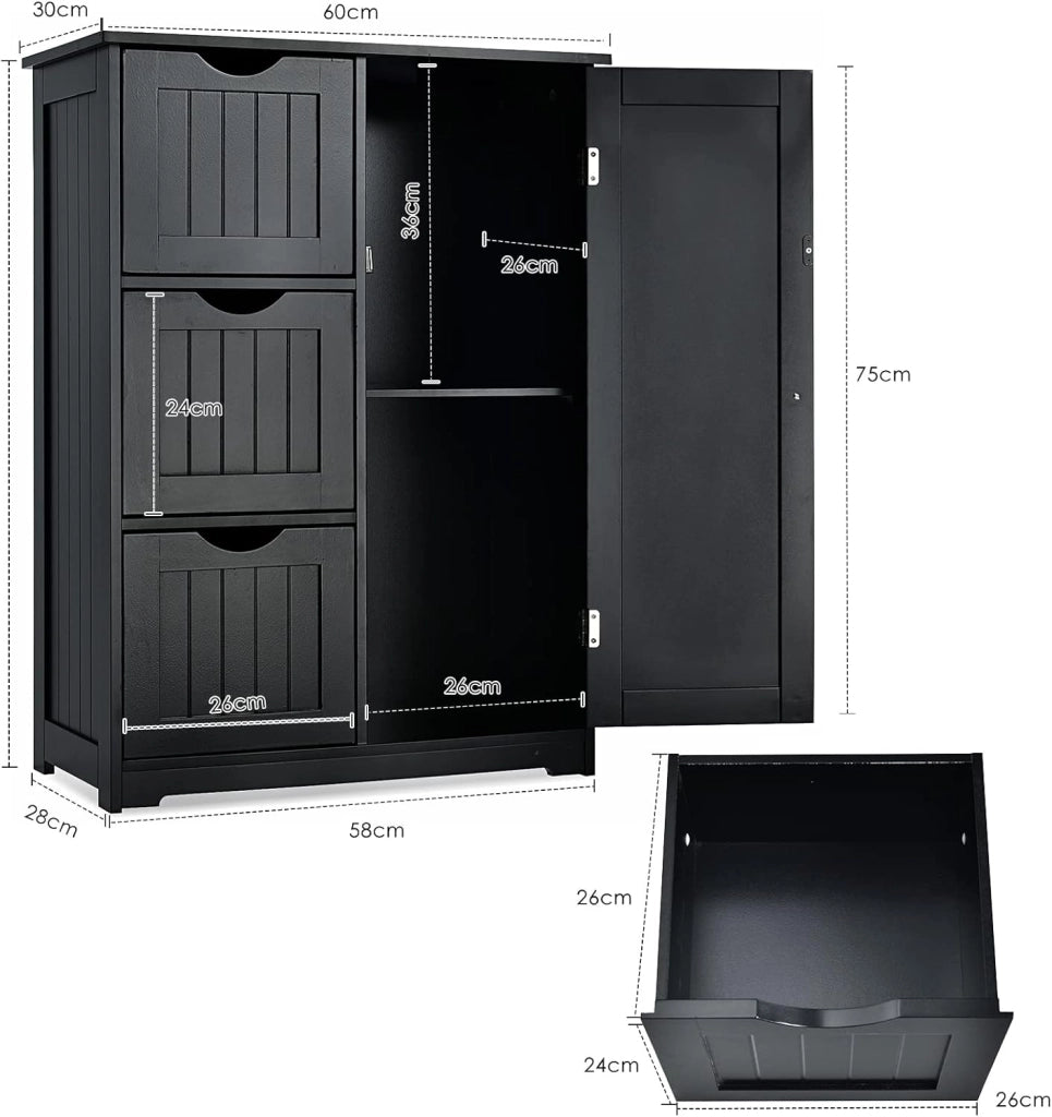 Mobile da Bagno, Mobile da Terra con 3 Cassetti e Anta, Ripiano Regolabile, per Bagno, Camera da Letto, Salotto, Cucina, 60x 30x 81cm (Nero)