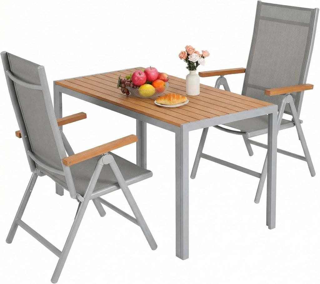 Set di 3 Mobili da Giardino in Alluminio, Tavolo Rettangolare 110x70cm+2 Sedie Pieghevoli Regolabili, Resistente alle Intemperie, Arredamento per Terrazza, Balcone, Marrone Teak+Grigio Chiaro