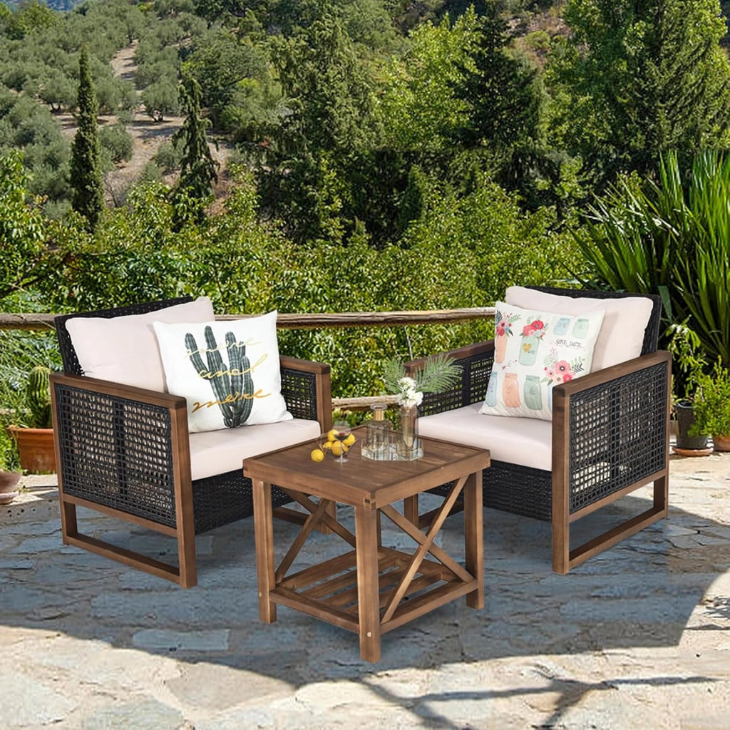Set di 3 Pezzi di Mobili da Patio, 1 Tavolino in Legno di Acacia e 2 Sedie in Rattan PE, con Cuscini Lavabili, Set di Divani per Giardino Cortile Piscina Portico