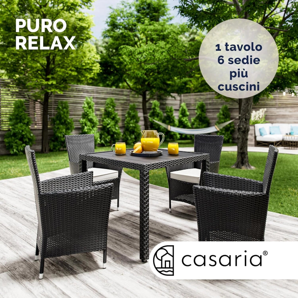 ® Mobili da Giardino in Polyrattan 4 Sedie Impilabili Tavolo 90x90cm in WPC Legno Resistente Terrazzo Balcone Set da Pranzo per Esterno Nero