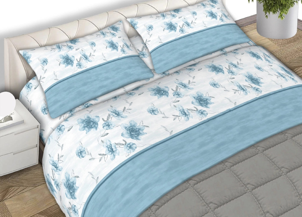 Completo Lenzuola 100% Cotone Made Italy Fantasia Floreale Gaia C.N - Matrimoniale - Azzurro