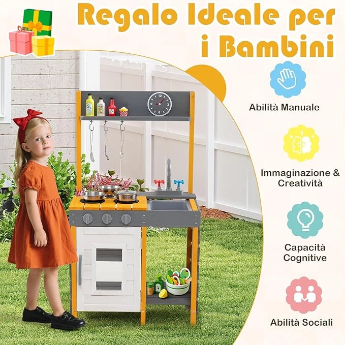Cucina Giocattolo in Legno, Cucina per Bambini all'Aperto con Fornelli, Lavabo Rimovibile, Rubinetto, Forno, Ganci Appesi e Mensole Portaoggetti, Set di Gioco in Legno per Bambini 3+ Anni