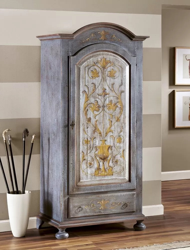 Armadio 1 porta legno shabby azzurro cenere decorato 96x56x196 (1419) - Mobili 2G