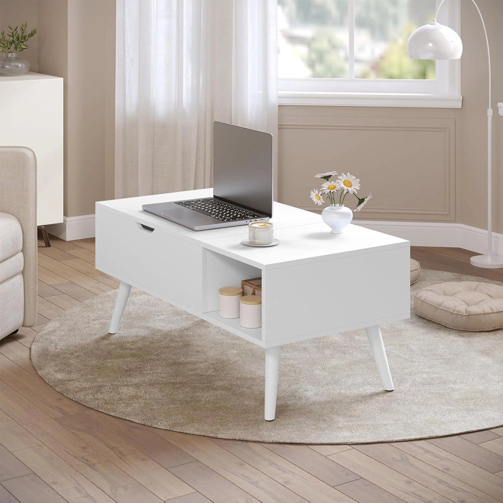 Tavolino da Caffè Sollevabile e Allungabile, Tavolo con Spazio Interno e Scomparto Aperto, Tavolino da Salotto per Soggiorno, 100x50x(43-57) cm, Bianco, BTS26ws