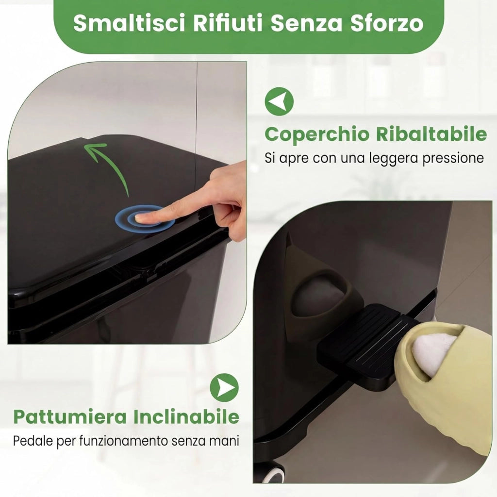 40L Pattumiera Differenziata a 3 Scomparti, Bidone per Spazzatura con Cestino Rimovibile e 4 Ruote, Secchio Rifiuti a Pedale per Cucina Sala da Pranzo Soggiorno (Nero)