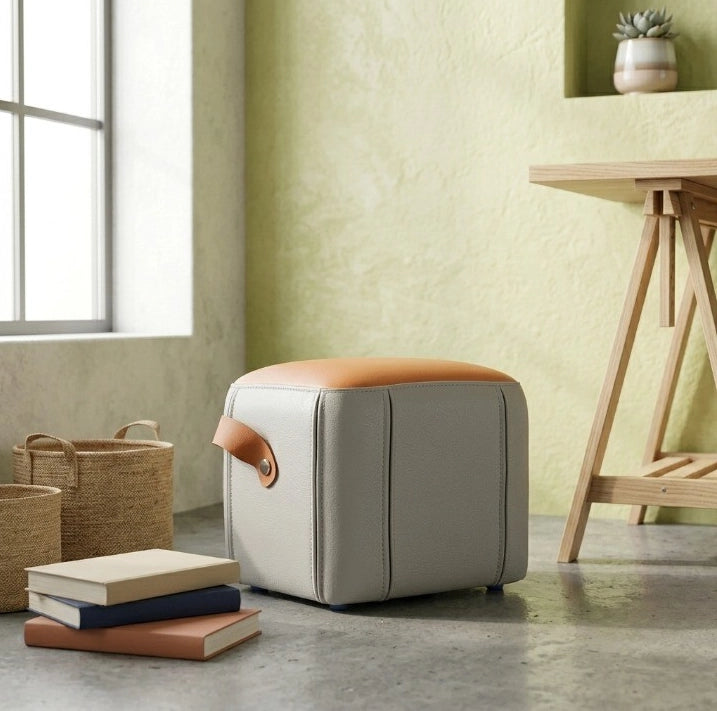 Pouf grigio e arancione in PU con maniglia per il trasporto