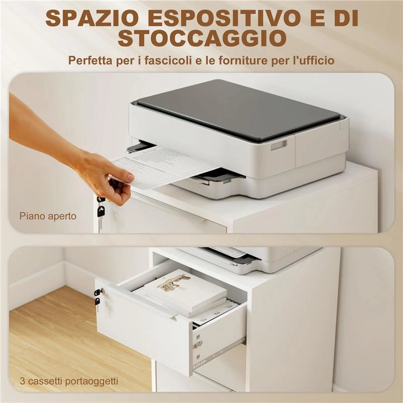 SCHEDARIO PER UFFICIO A 3 CASSETTI CON CHIAVI DI SICUREZZA E 4 RUOTE, IN LEGNO, 40X40X63.5 CM, BIANCO E GRIGIO