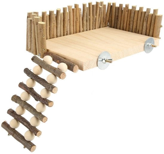 Piattaforma per la cura dei roditori - Sostegno in legno sicuro - Scala per arrampicata - Set di attività - Giardino per animali - Materiale naturale - Scala per arrampicata per animali