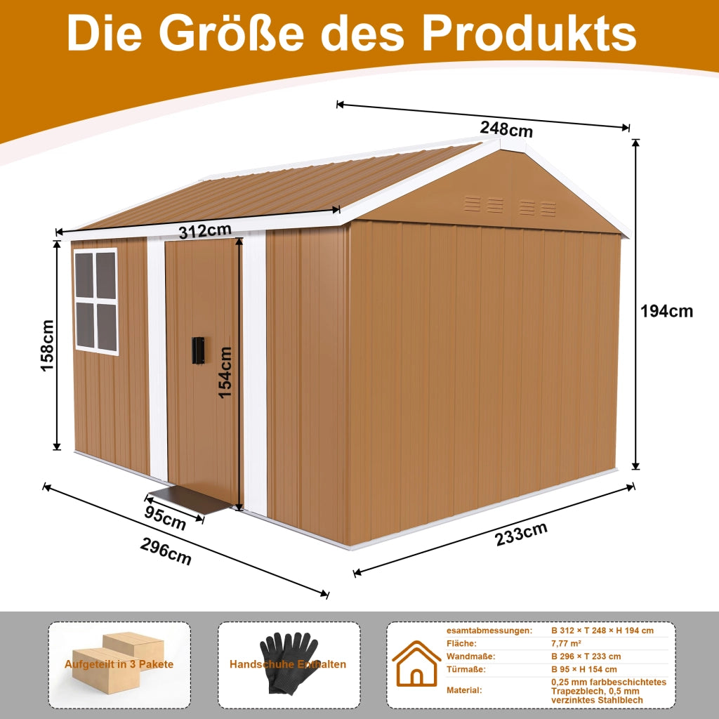 Armadio da giardino in acciaio con doppie porte scorrevoli, ventilazione e tetto a due falde marrone 296 × 233 × 194 cm